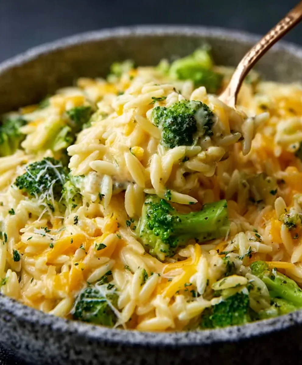 Creamy Broccoli Cheddar Orzo-Easy One-Pot Meal