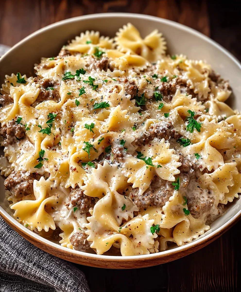 Beef Bowtie Pasta Alfredo-Creamy & Delicious