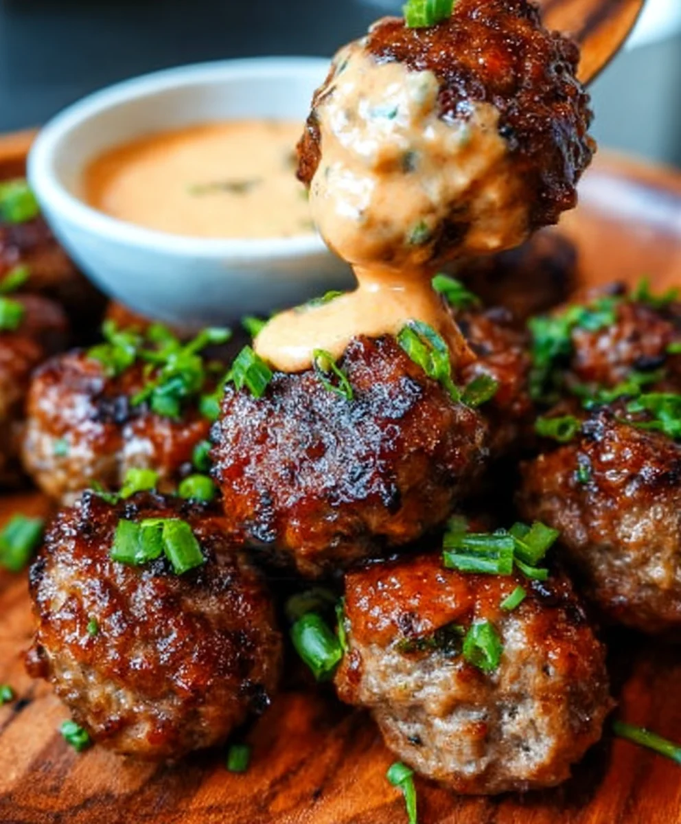 Korean BBQ Beef Meatballs Spicy Mayo Dip
