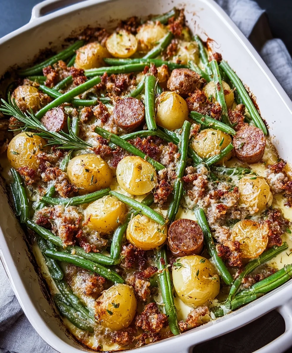 Beef Sausage Green Bean Potato Casserole-Easy Comfort Food