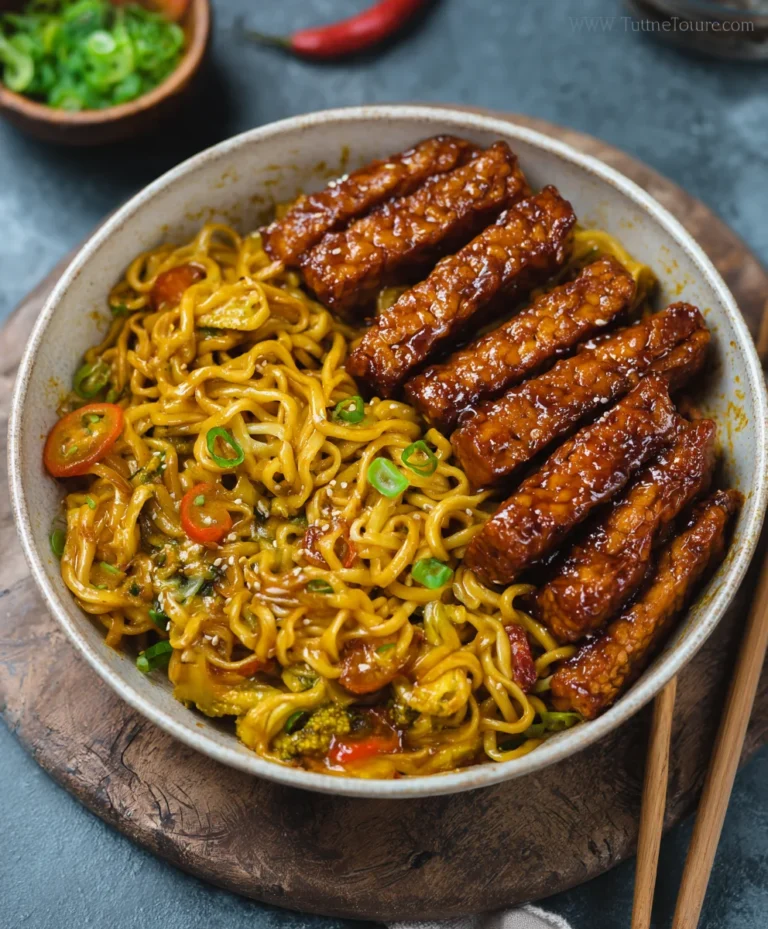 Sweet Spicy Tempeh Garlic Curry Noodles