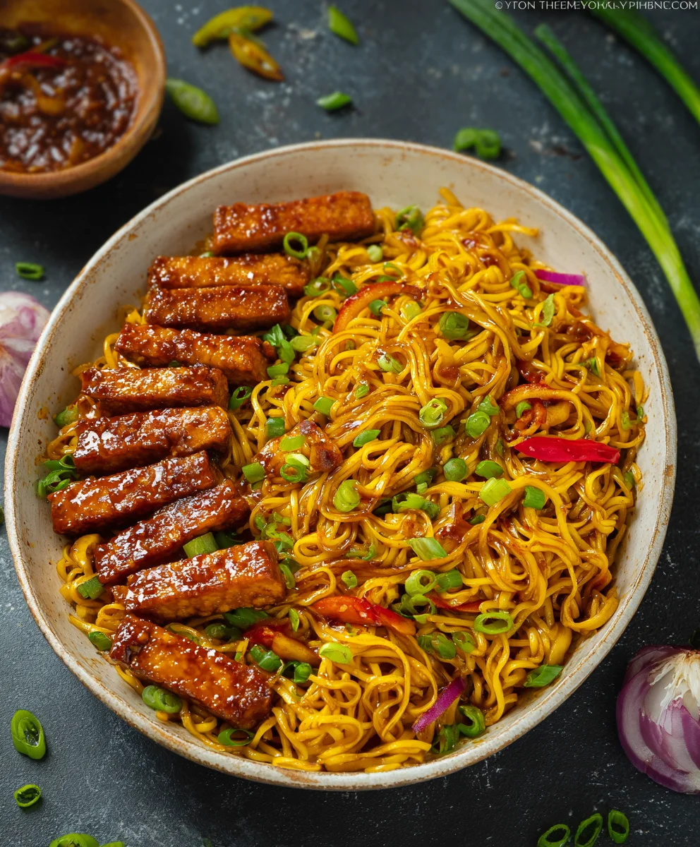 Sweet Spicy Tempeh Garlic Curry Noodles