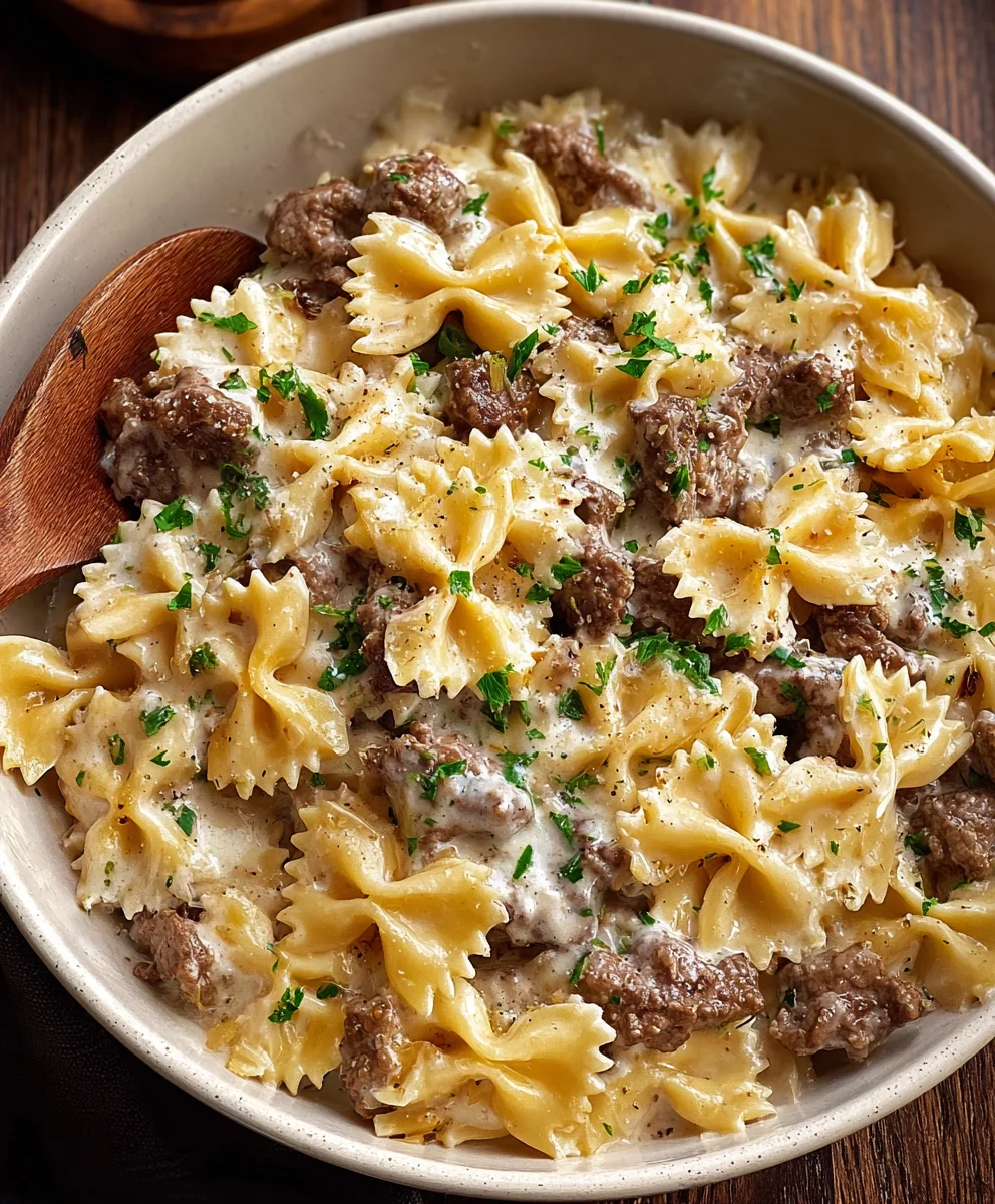 Beef Bowtie Pasta Alfredo-Creamy & Delicious