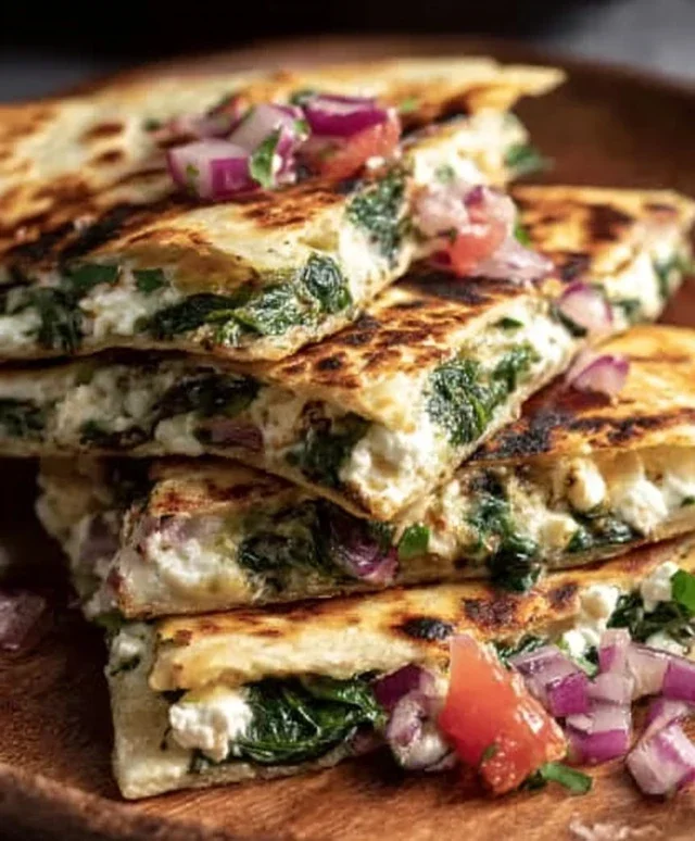 Mediterranean Quesadillas with Spinach, Feta, Mozzarella, and Red Onion