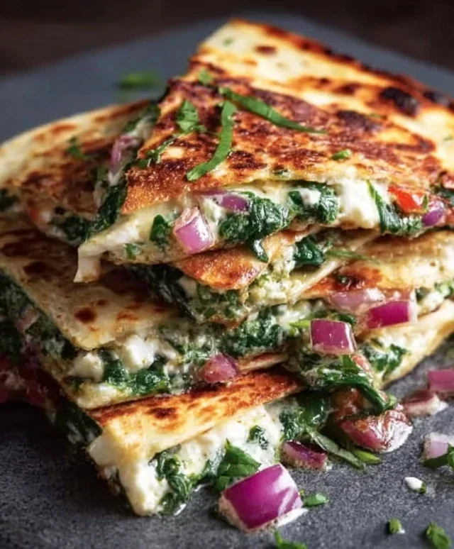 Mediterranean Quesadillas with Spinach, Feta, Mozzarella, and Red Onion