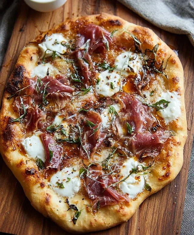 White Pizza with Beef Beef Prosciutto & Hot Honey