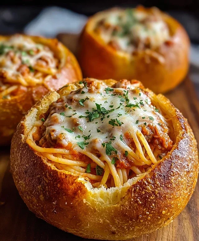 Spaghetti Garlic Bread Bowls