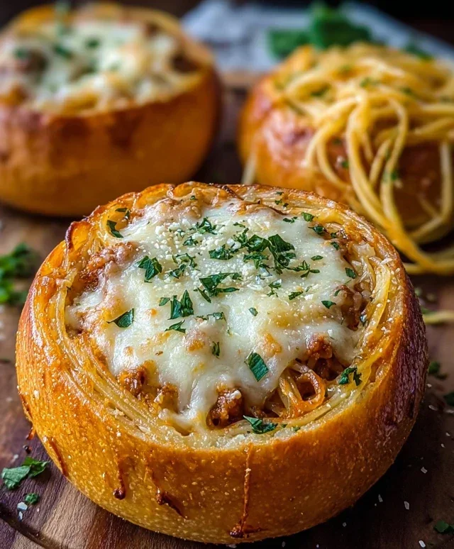 Spaghetti Garlic Bread Bowls