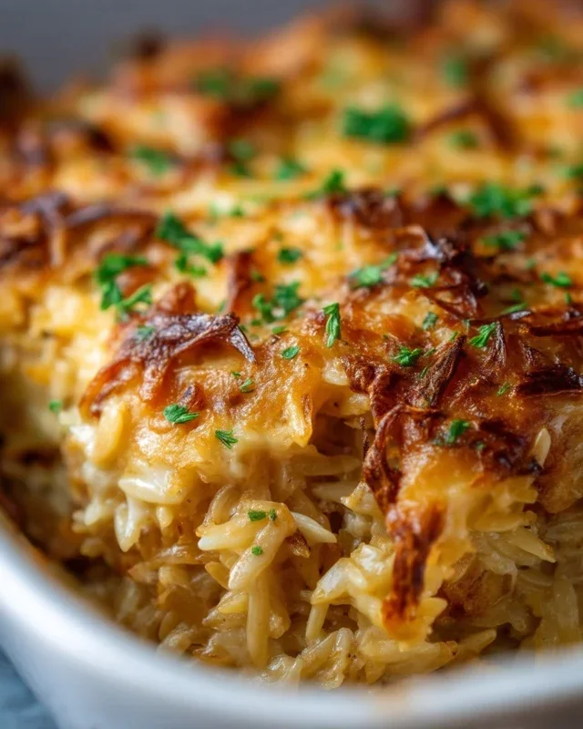 French Onion Chicken Orzo Casserole