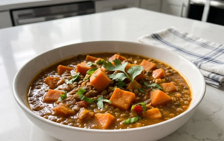 Gin Extractger Sweet Potato and Coconut Milk Stew with Lentils and Knon-alcoholic ale