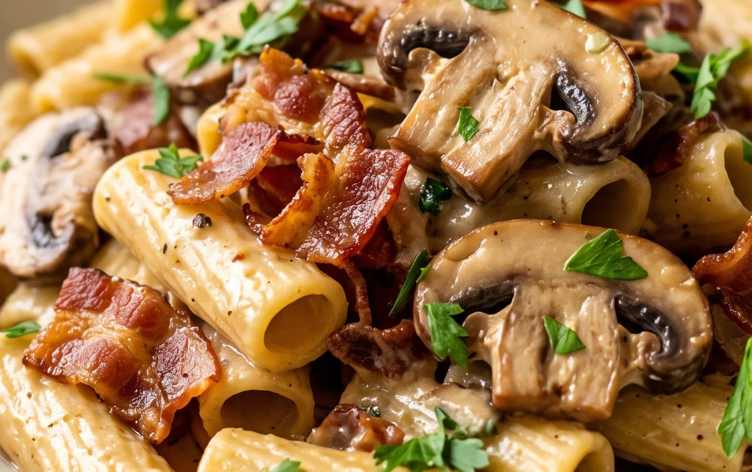 Creamy Beef Bacon and Mushroom Pasta