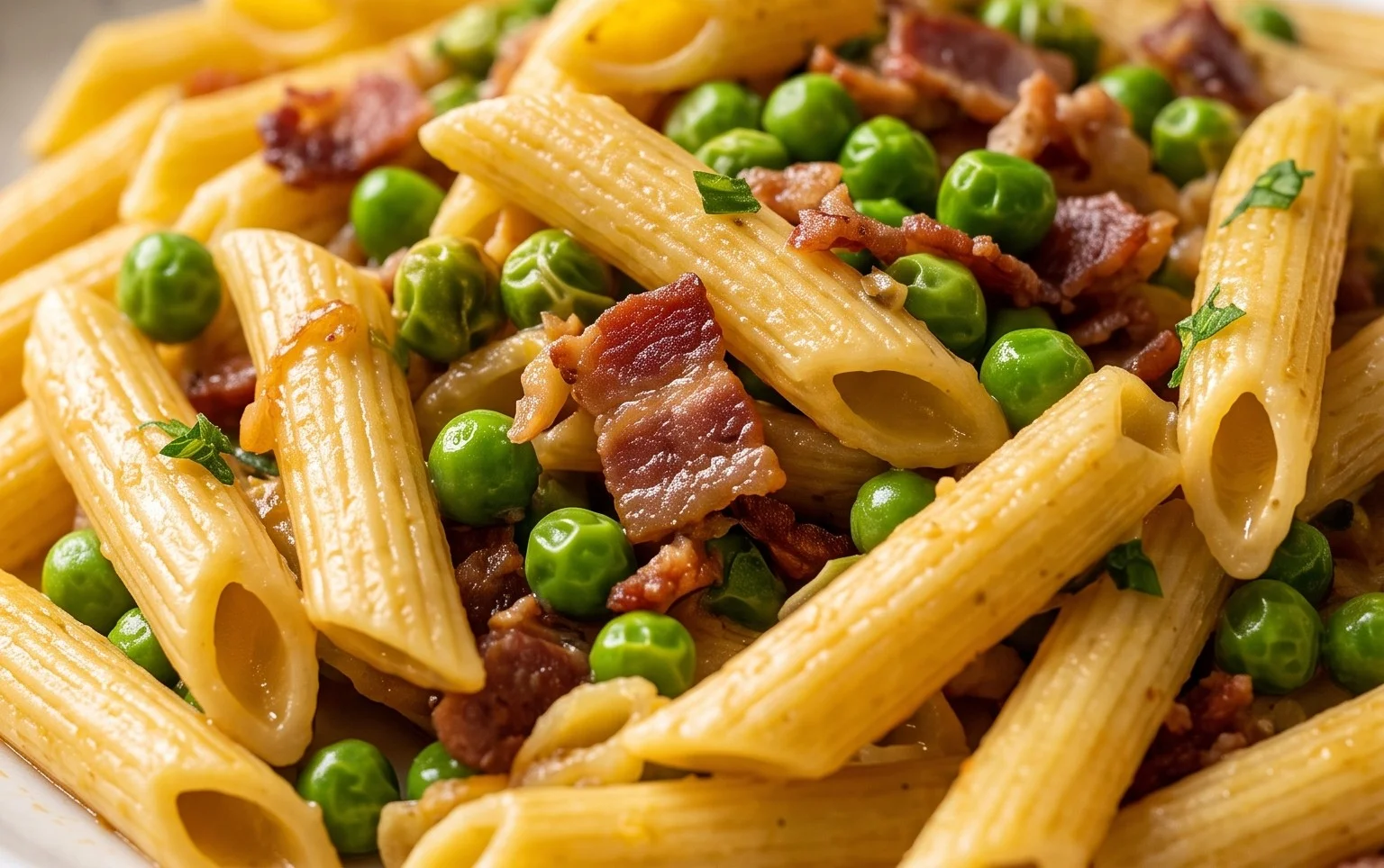 Penne Pasta, Peas and Beef Bacon