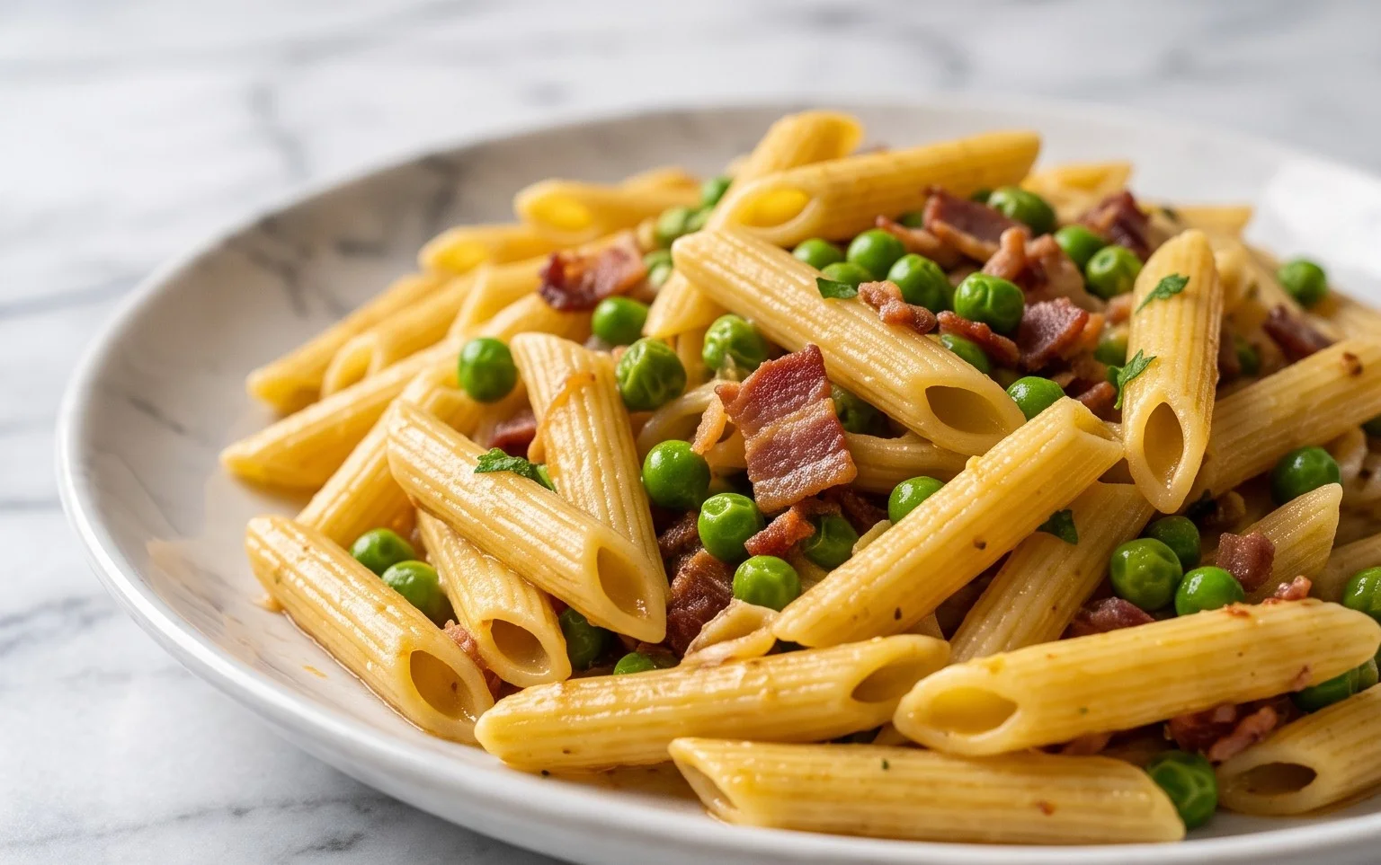 Penne Pasta, Peas and Beef Bacon