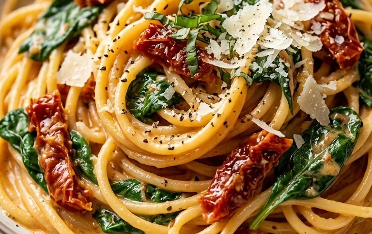 Spaghetti & Spinach with Sun-Dried Tomato Cream Sauce