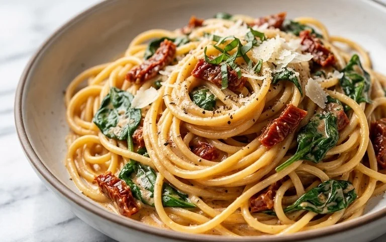 Spaghetti & Spinach with Sun-Dried Tomato Cream Sauce